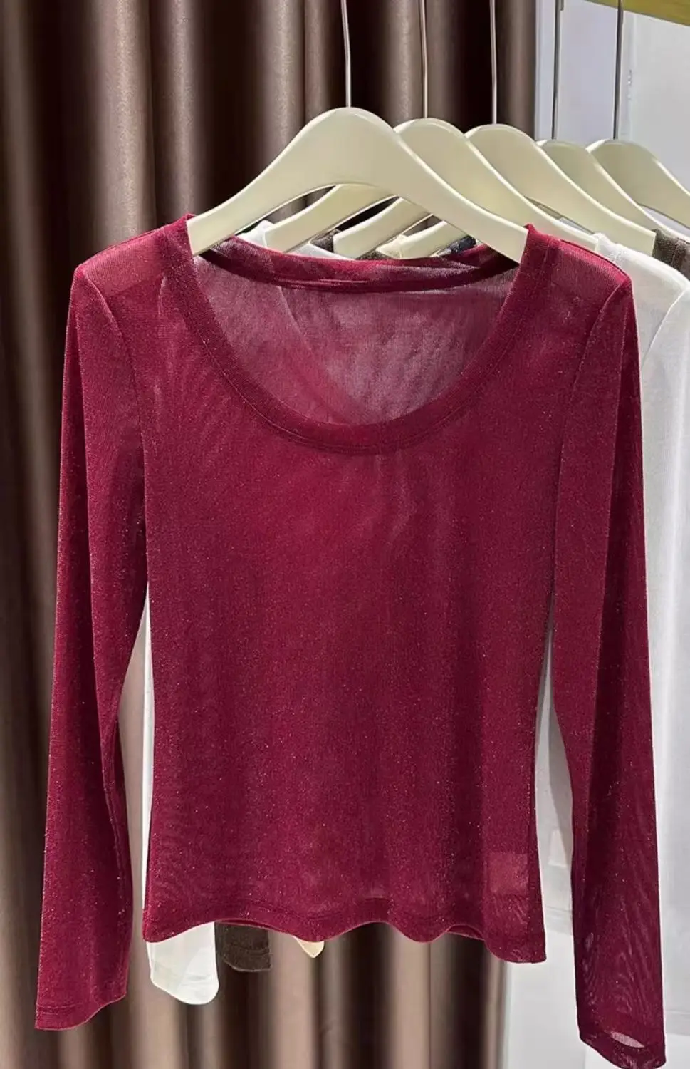 

Осень-зима Яркая шелковая сетчатая блузка Рубашка с длинным рукавом Модный однотонный тонкий базовый топ