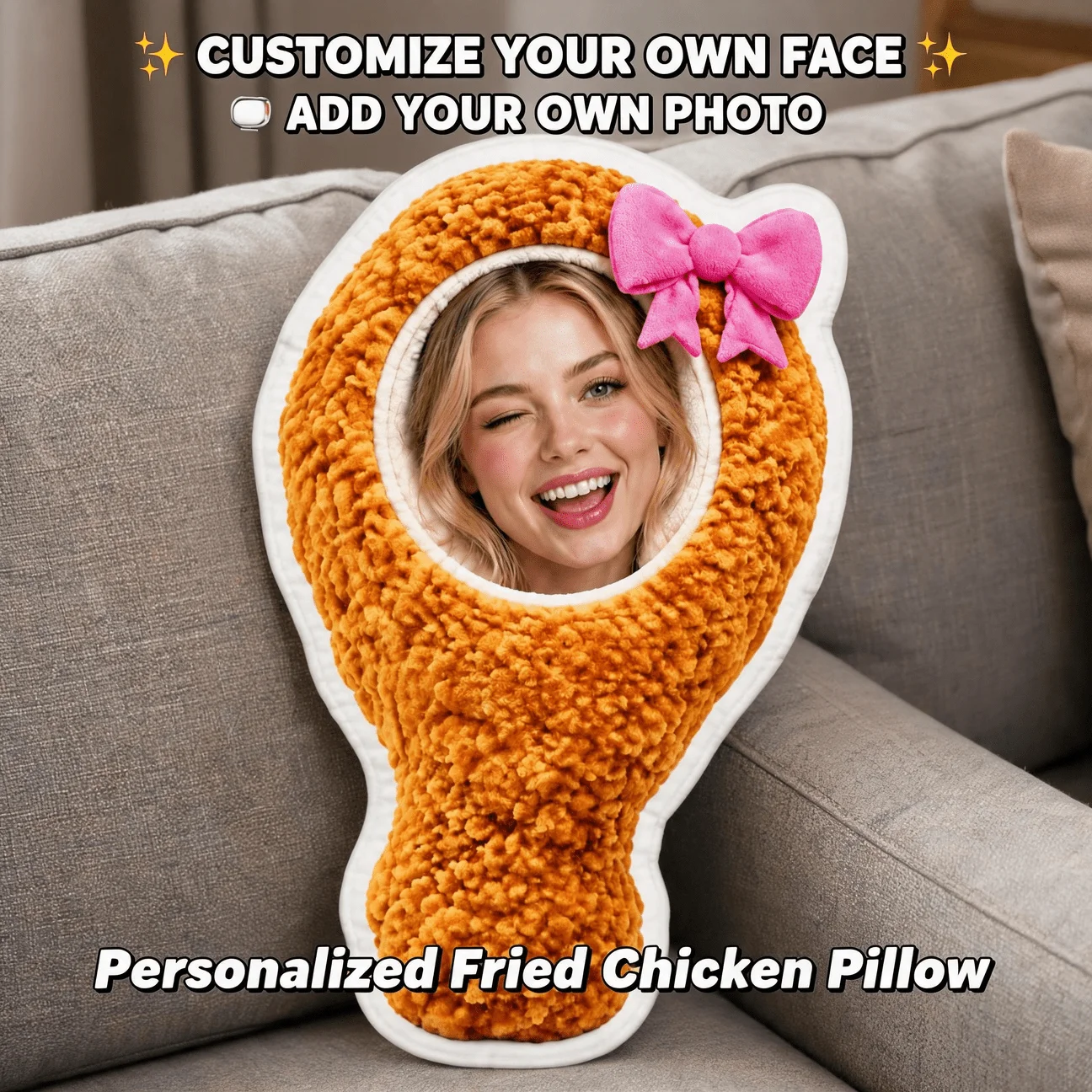 Custom Photo Funny Face Shaped Pillow, Orange Textured Decorative Cushion with Pink Bow, Unique Home Decor Accent for Sofa & Bed