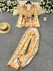 Elegant Women Vintage Print Pantsuit Fashion Casual Shirts Blouses Wide-Leg Pants Two Pieces Set Female Boho Outfits Clothes New