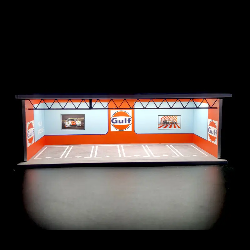 1/64 Scale Gulf Themed Parking Garage Diorama Display Case For Alloy Diecast Car Models Storage Photography Collection Display