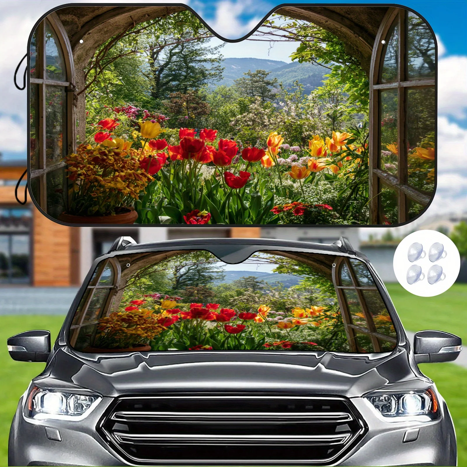 Starry Night Landscape Line Drawing Car Sunshade, Simple Cosmic Aesthetic, Easy To Install And Durable, Includes 4 Suction Cups