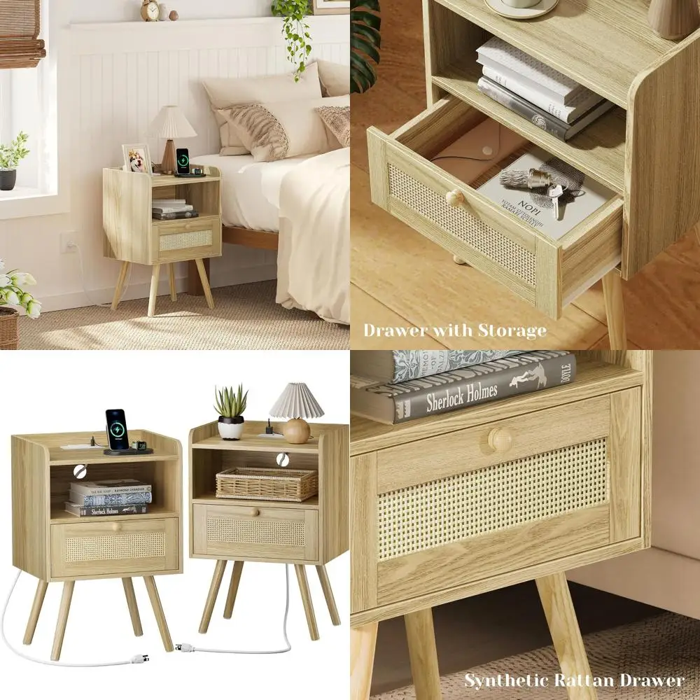 Pair of Natural Wood Nightstands with Charging Station and Rattan Decor, Ideal for Bedroom and Living Room