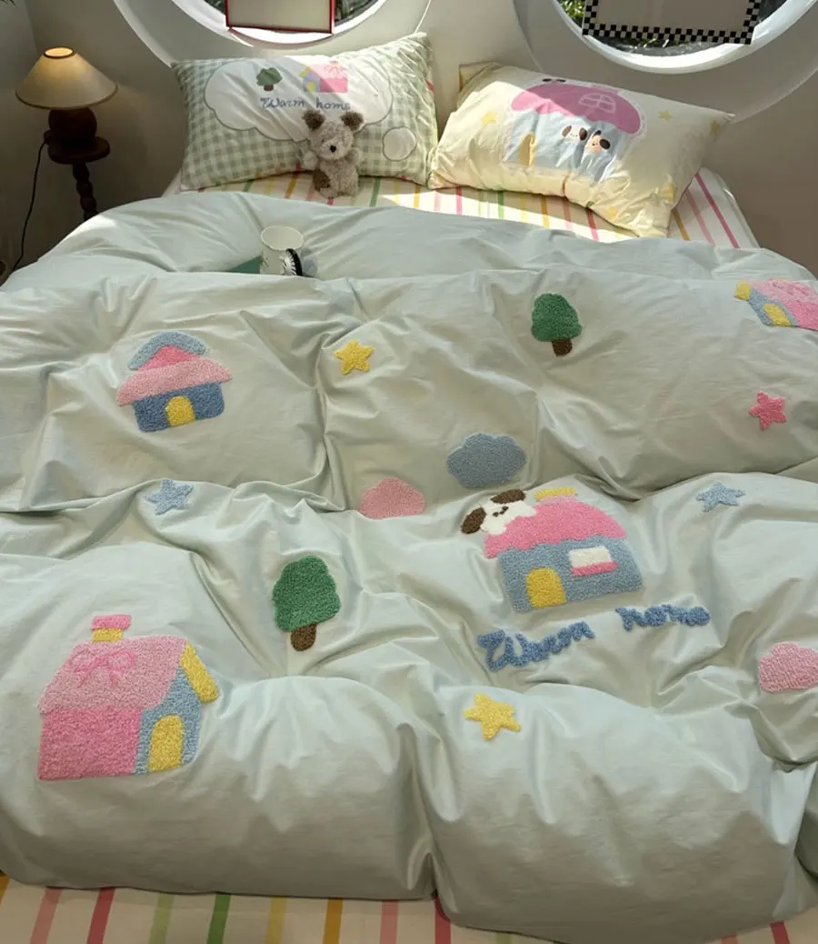 

Cute cartoon embroidery house tree bedding set,twin full queen fresh green cotton home textile bed sheet pillow case quilt cover