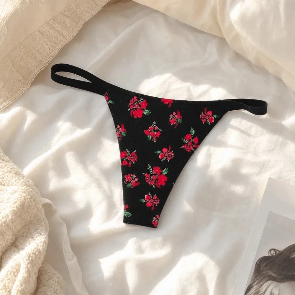 Elegantes tangas sin costuras para mujer, de cintura baja, con diseño de labios, T-back, ropa interior con estampado de fresas y corazones para chicas.