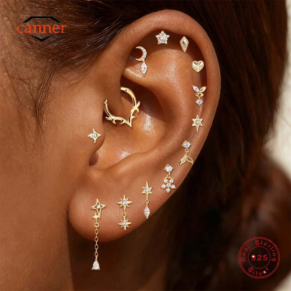 CANNER 1PC 925 Sterling Silver Eight Pointed Star Moon CZ Piercing Cartilage Ear Bone Earring For Women Ins Thread Earring Gift