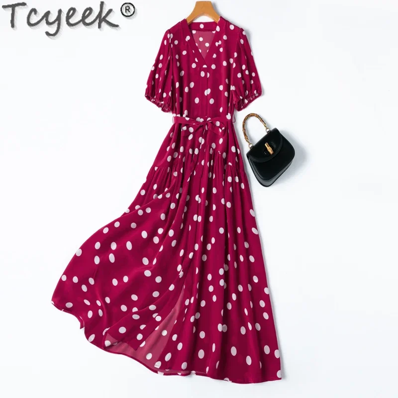 

Tcyeek 100% Real Mulberry Silk Dresses for Women Clothes Summer Dress Elegant Women's Dresses 2024 Beach Dress Vestido Feminino