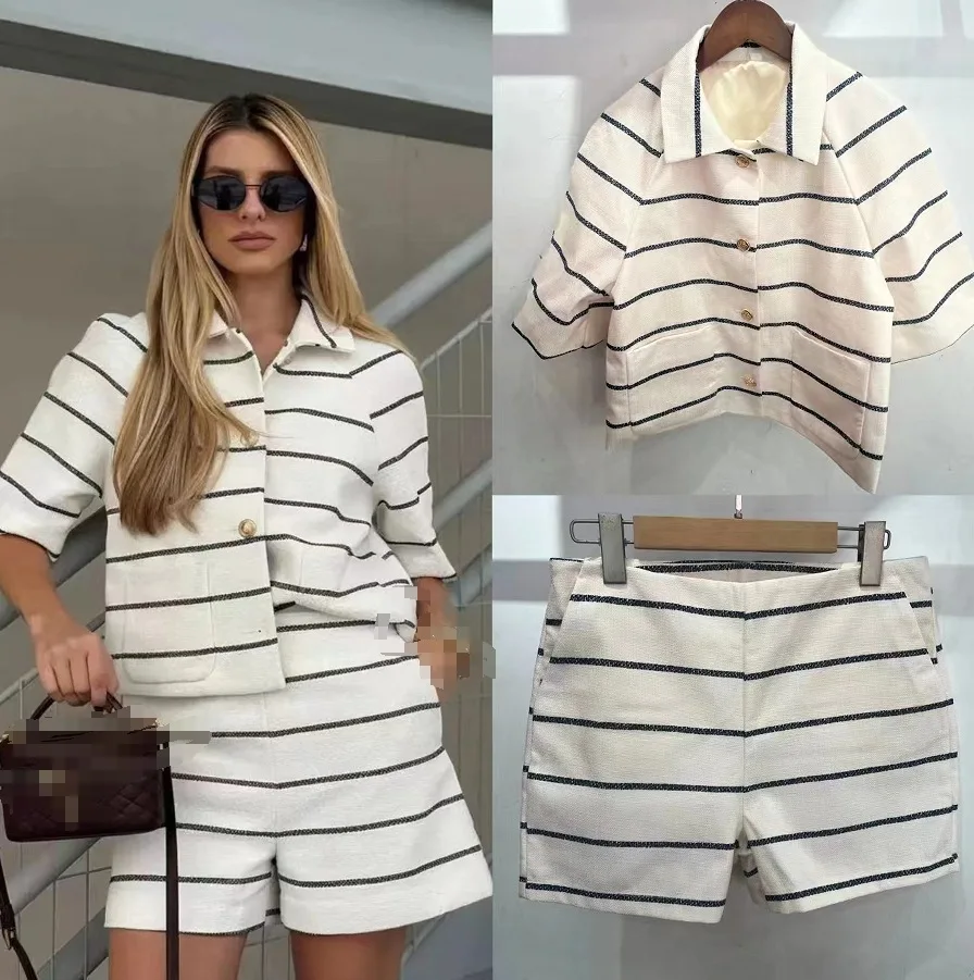 Casual Striped Women Shorts Set Lapel Single Breasted Half Sleeve Tops Pockets Mini Shorts Outfit 2025 Summer Fashion Lady Sets