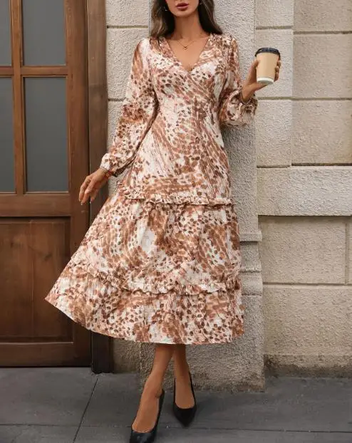 

Women's Dress Summer New Elegant Fashion Style Leopard Print V-Neck Pleated Edge Splicing High Waist Slim Lantern Sleeve Dress