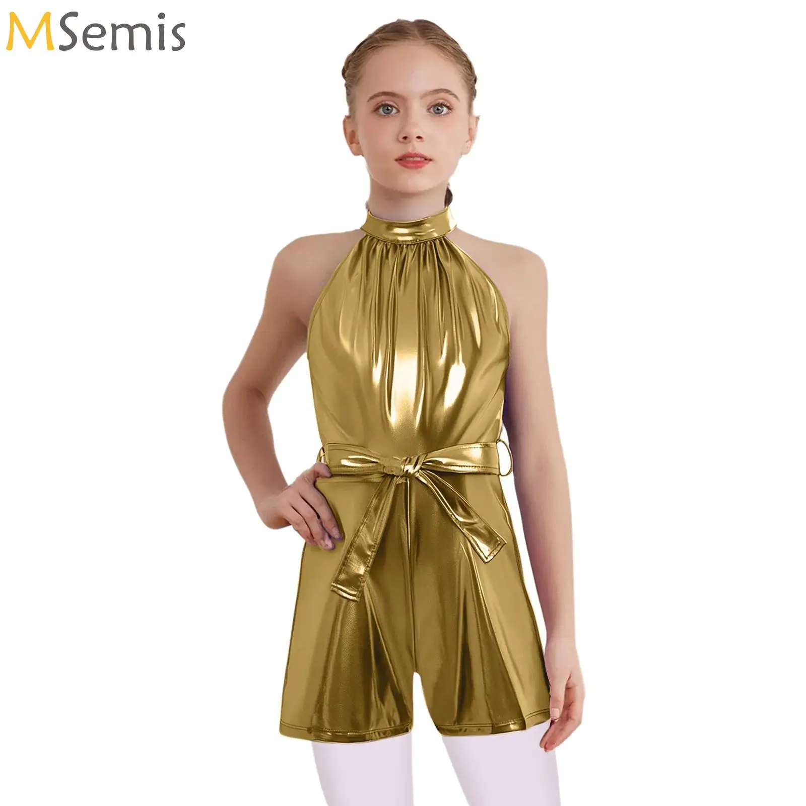 

Girl's Metallic Dance Unitard Jumpsuit Romper Bodysuit with Belt Fashion Children Leotard Kids Cheerleading Jazz Dance Costumes