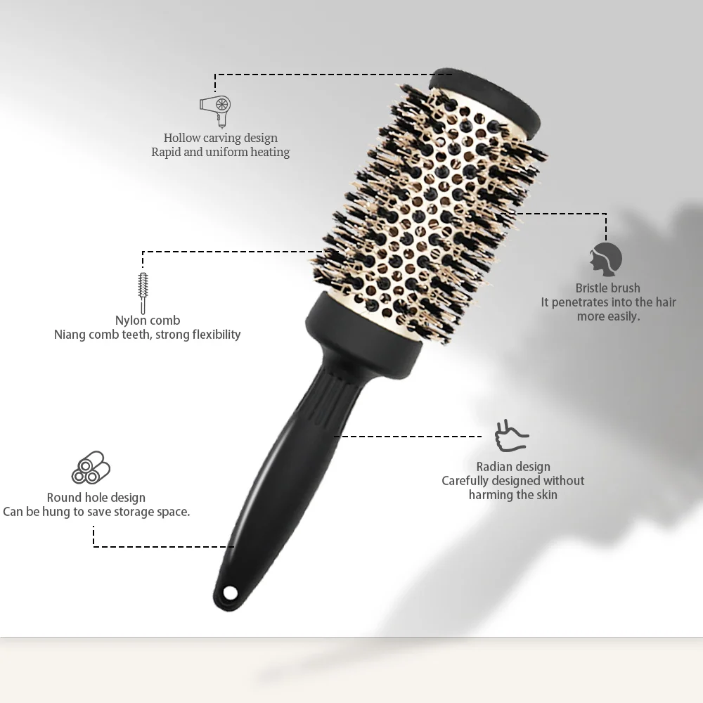 Hair Brush Comb Professional High Temperature Resistant Ceramic Iron Round Comb 5 Sizes For Blow Dry Salon Styling Tools