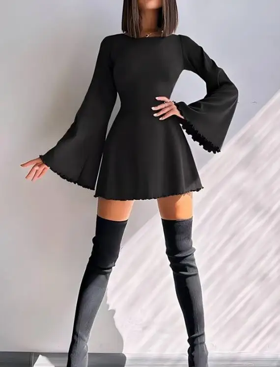 

Slim Fit Women's Dress Elegant Spring Temperament Pure Color Simple Backless Lace Up Waist Cinching A-Line Flared Sleeve Dress