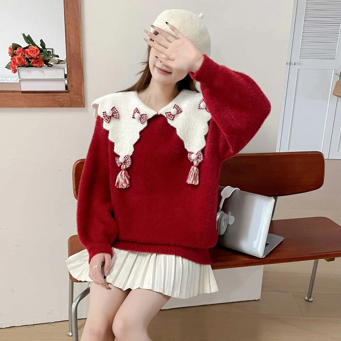 

Японский трехмерный кукольный воротник с бантом, рождественский красный свитер, женский новый осенне-зимний свободный вязаный топ