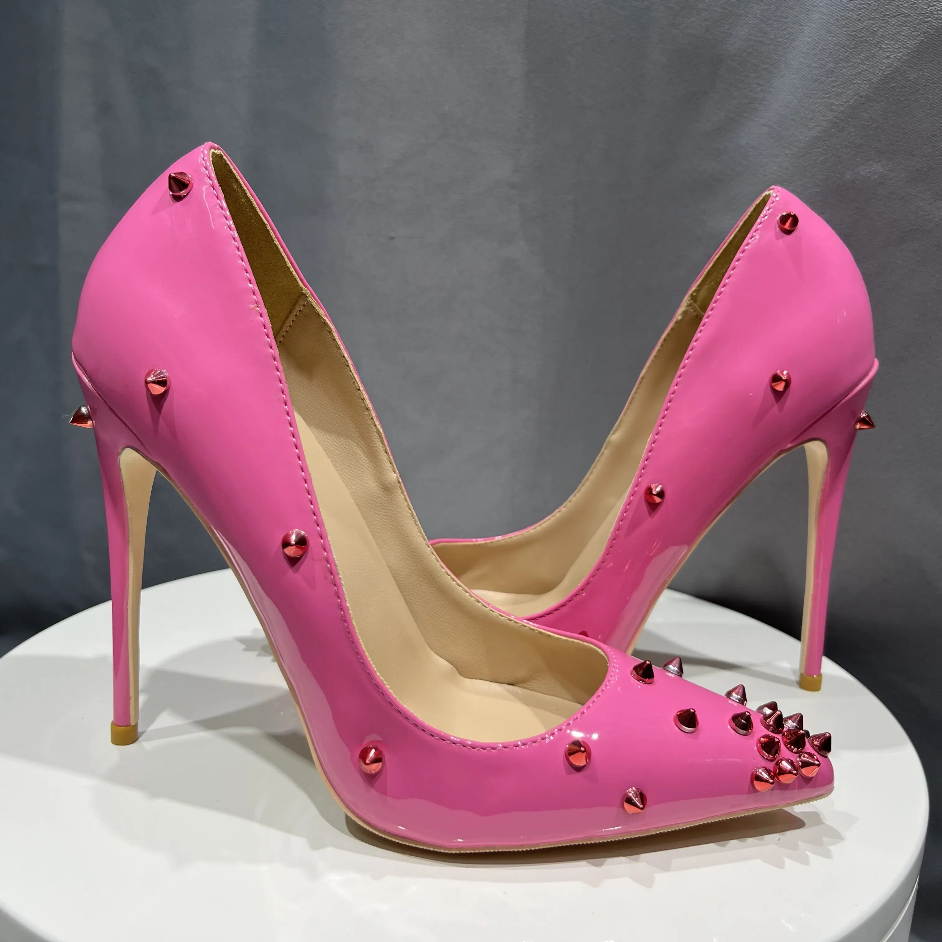 Tikicup Women Patent Pink Pointy Toe High Heel Shoes with Spikes Sexy Ladies Rivets Party Stiletto Pumps Big Size 43 44 45