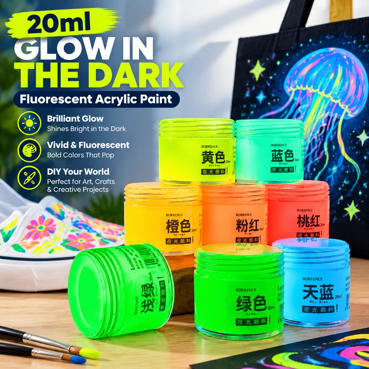 20ml Fluorescent Glow in the Dark Acrylic Paint Luminous Pigment Powder for DIY Hand Painted Graffiti Bags Shoes Nightglow Art
