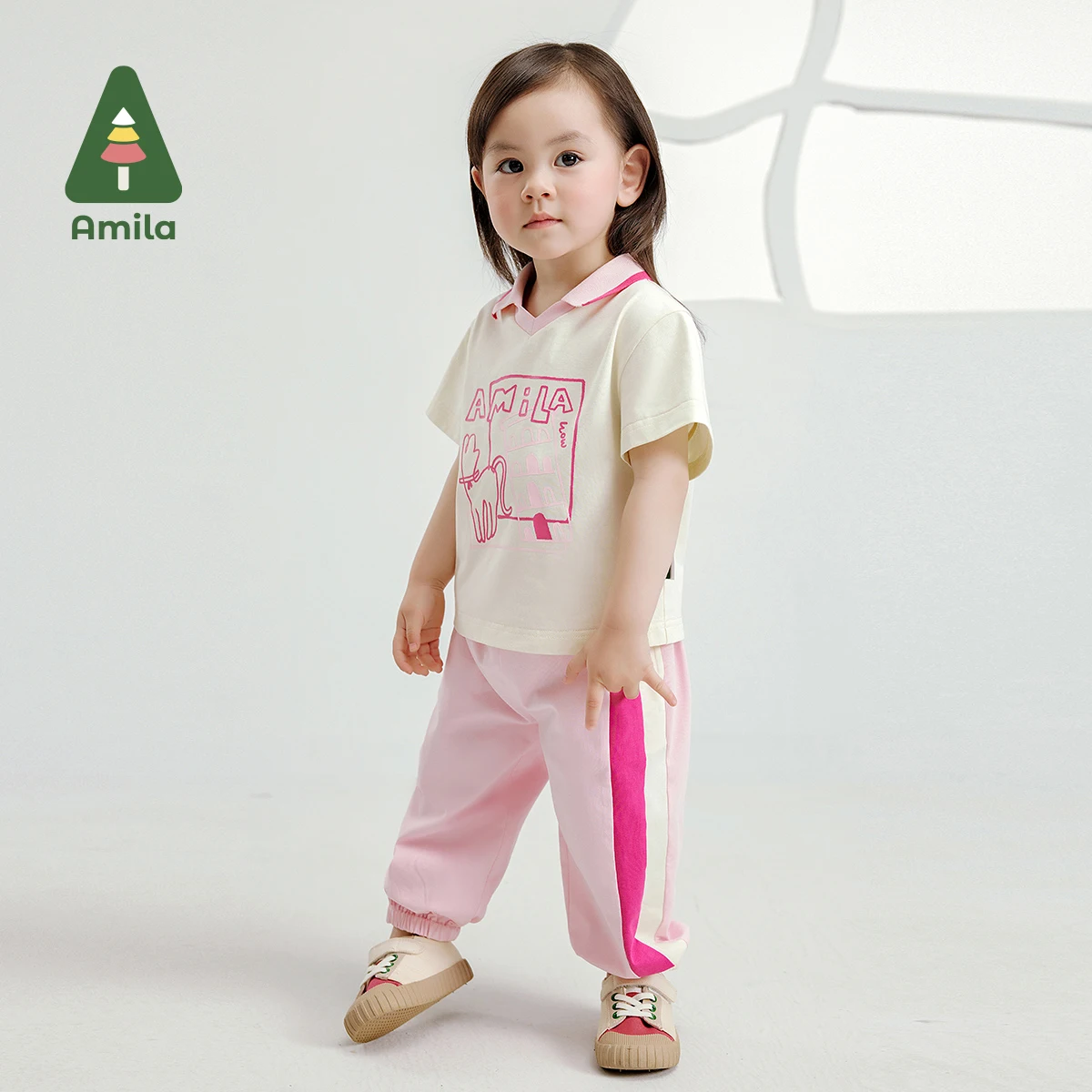 Amila 2024 Summer New Clothes for Baby Boys and Girls in Contrasting Color Lapel Cartoon Top and Bottom T-shirt + Pants Group