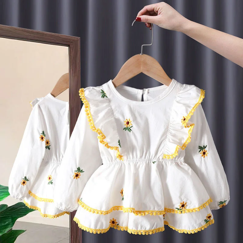 Spring Autumn New Girls Shirts Lace Princess Blouses Kids Long Sleeve Shirts Fashion Children\'s Clothing Baby Bottoming Shirts