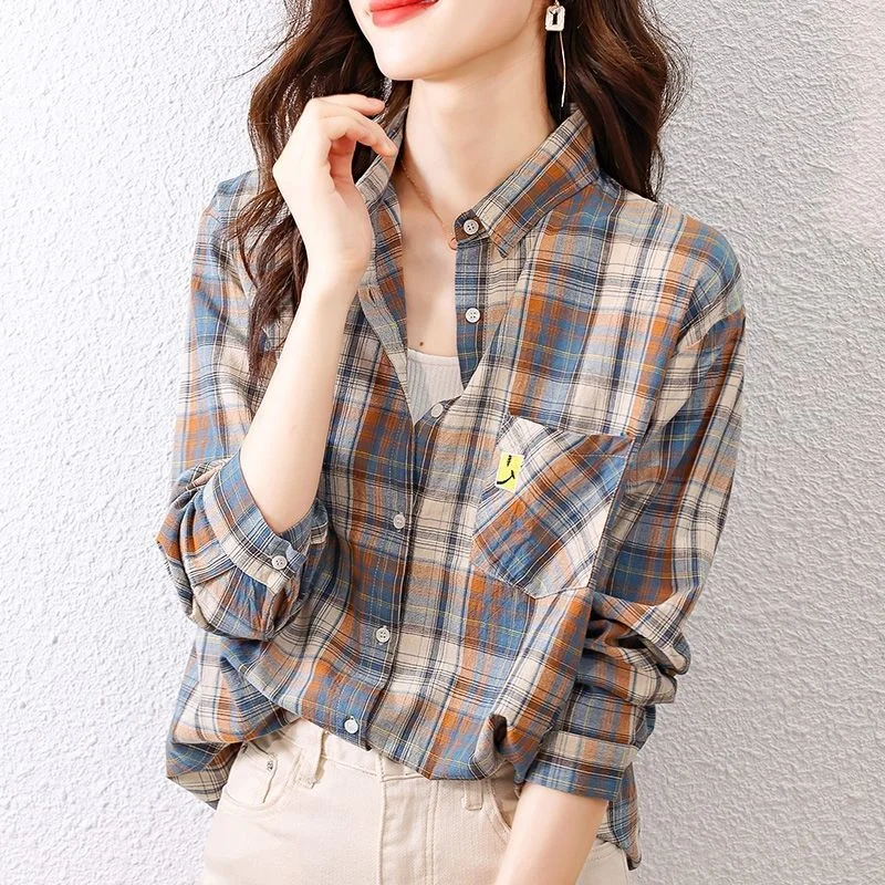 

Women's 2023 Spring and Summer New Casual Versatile Korean Fashion Design Sense Thin Long Cotton Plaid Shirt