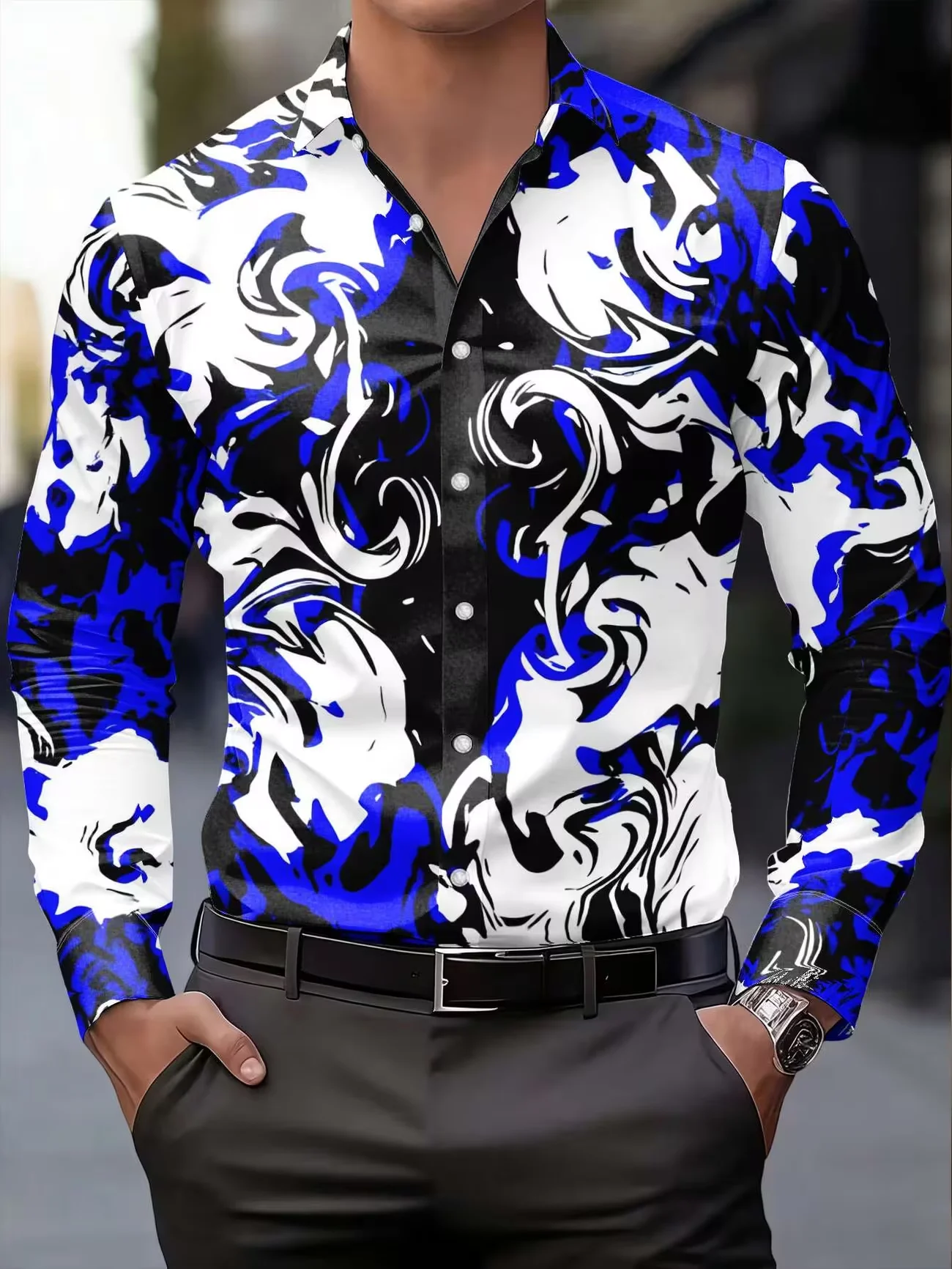 New Blue, White, Black Abstract Inkjet Printed Men's Long Sleeve Shirt Art Trend Brand Style Casual Shirt