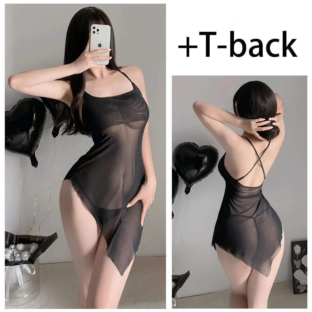 Sexy underwear sexy halter nightdress hot perspective thin pajamas passion uniform temptation Breathable and hot nightdress