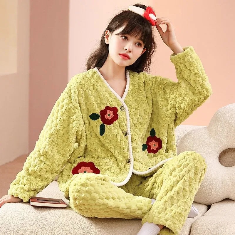 2023 Pajama Ladies Winter Autumn V-neck Plus Velvet Thickening Cartoon Cute Sweet Leisure Wear Can Wear Home Clothes