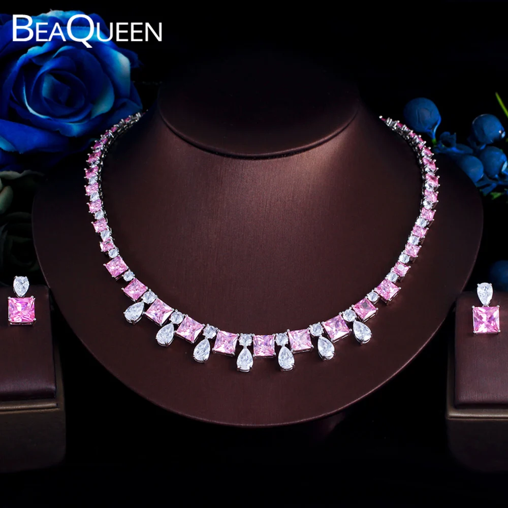 

BeaQueen Geometric Pink White Cubic Zirconia Personality Earrings Necklace for Women Engagement Party Square Jewelry Sets JS420