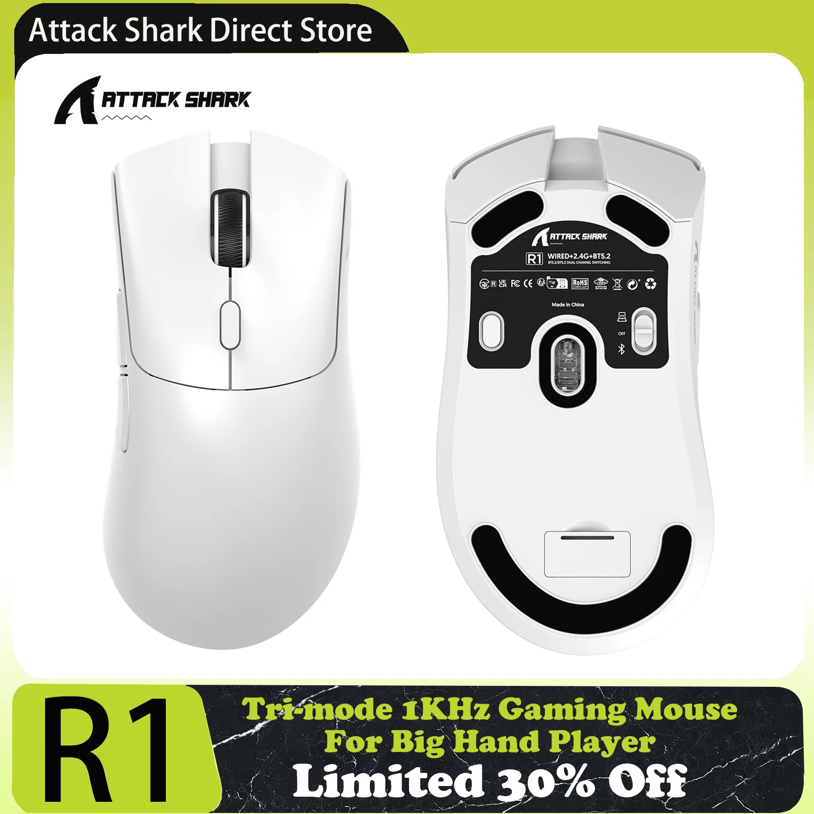 Souris de jeu tri-mode ATTACK SHARK R1, capteur PixArt PAW3311, 18000 DPI, 1000 Hz, 59 g ultralégère pour grande main, pour PC/Mac