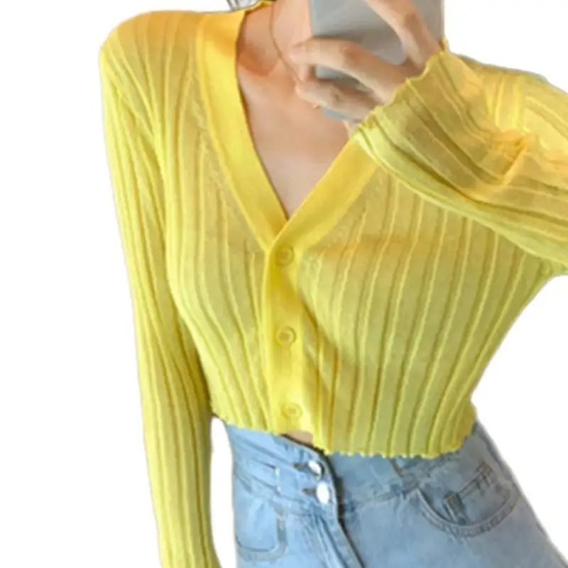 

652F Женский сексуальный свитер с v-образным вырезом и пуговицами, однотонный свитер с длинными рукавами, укороченный кардиган