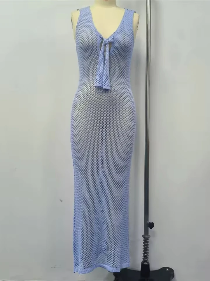 

V Neck Cover-ups Beach Dress Beach Wear Beachwear Female Women Hollow Out Sleeveless Crochet Knitted Tunic Beach Cover Up V7146