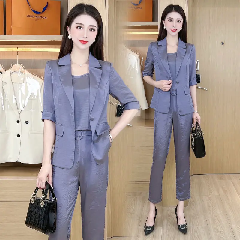 Korean Version Light Luxury Professional Suit Suit Elegant Woman 2022 Summer Thin Top + Suspender Shirt + Pants Three Piece Set