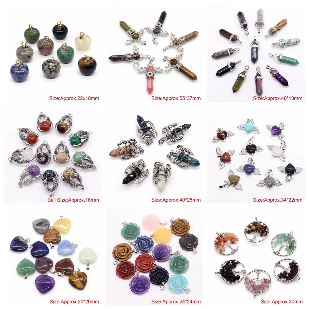 

10PC Lot Wholesale Mixed Multiple Shape Stone Pendant Natural Crystal Animal Heart Star Mushroom Apple Charms Diy Jewelry Making