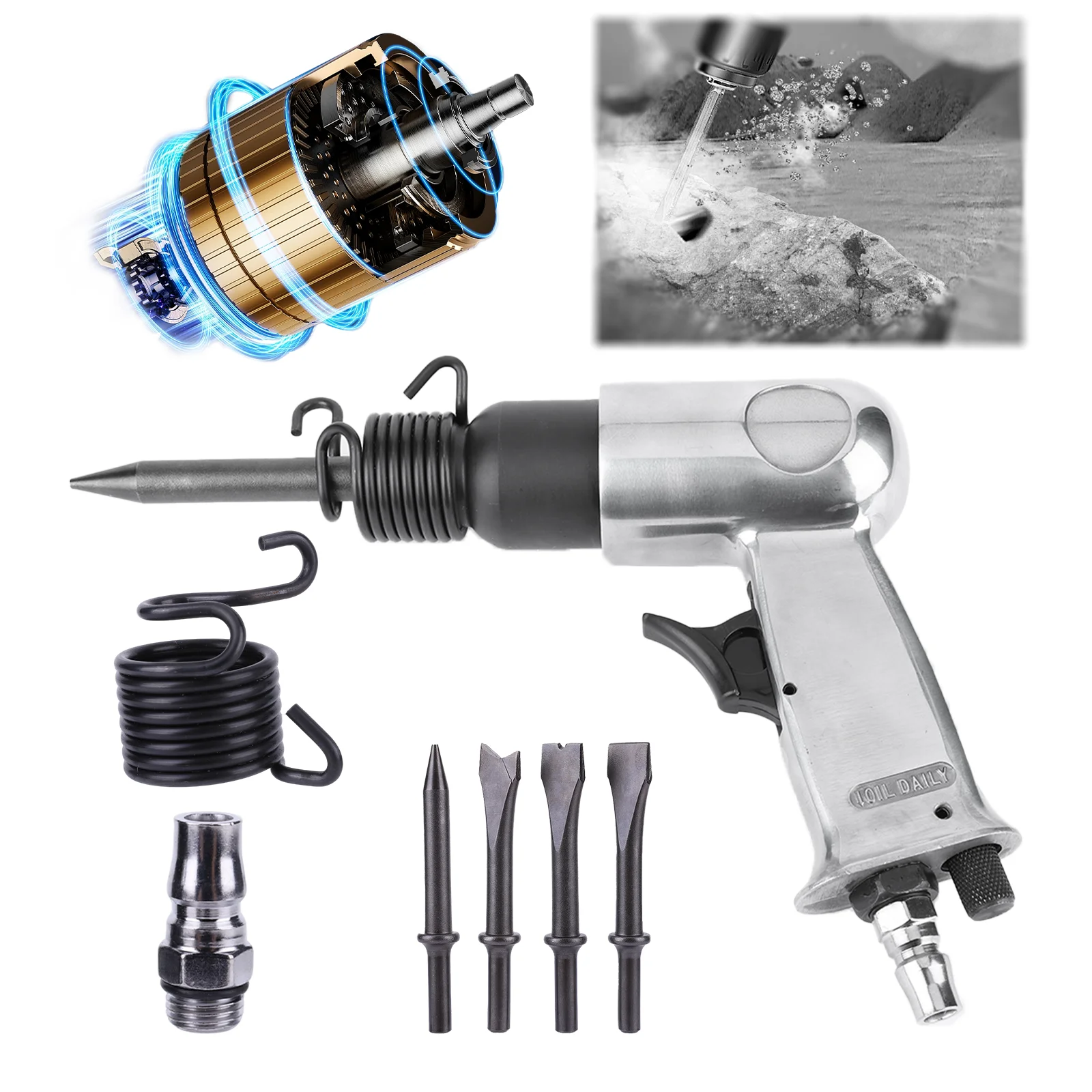 50 MM Professional Air Hammer Kit 4-Chisels Pneumatic Hammer 4500 BPM Pneumatic Shovel Spring & Fitting for Auto and Metal Work