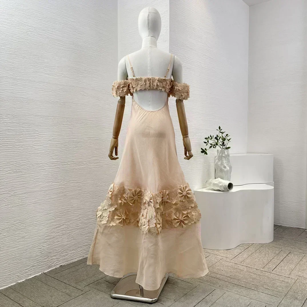 Linen Silk Elegant Women Holiday Top Quality Nude Flower Three-dimensional Decoration Off The Shoulder Tube Maxi Dress for Party