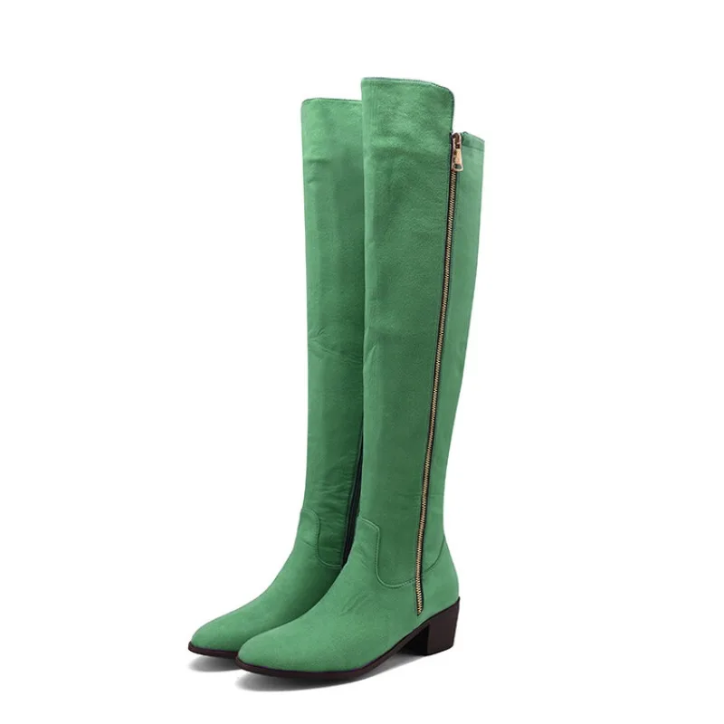 2023 Winter Female Boots Side zipper Block Heels black green Purple Over The Knee Boots Ladies Boots New Big Size 40 41 42 43