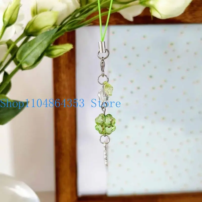652F Lucky Clovers Bead Phone Strap Customizable Length Hangings for Smartphones