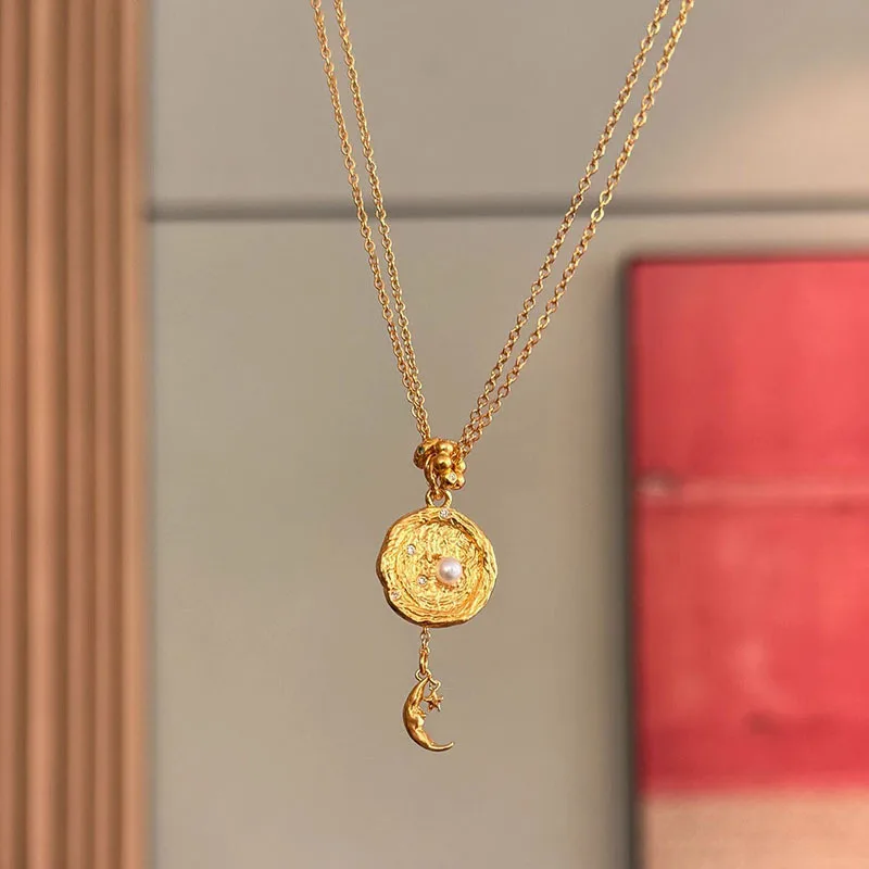 Classical irregular circular relief pearl pendant vintage half moon flower tassel necklace collares banquet jewelry gift