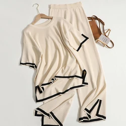 Spring Women Split Short Sleeved Top Elastic Band Wide Leg Pants Two-piece Set Loose Home Clothing Casual O-neck Thin Set Summer