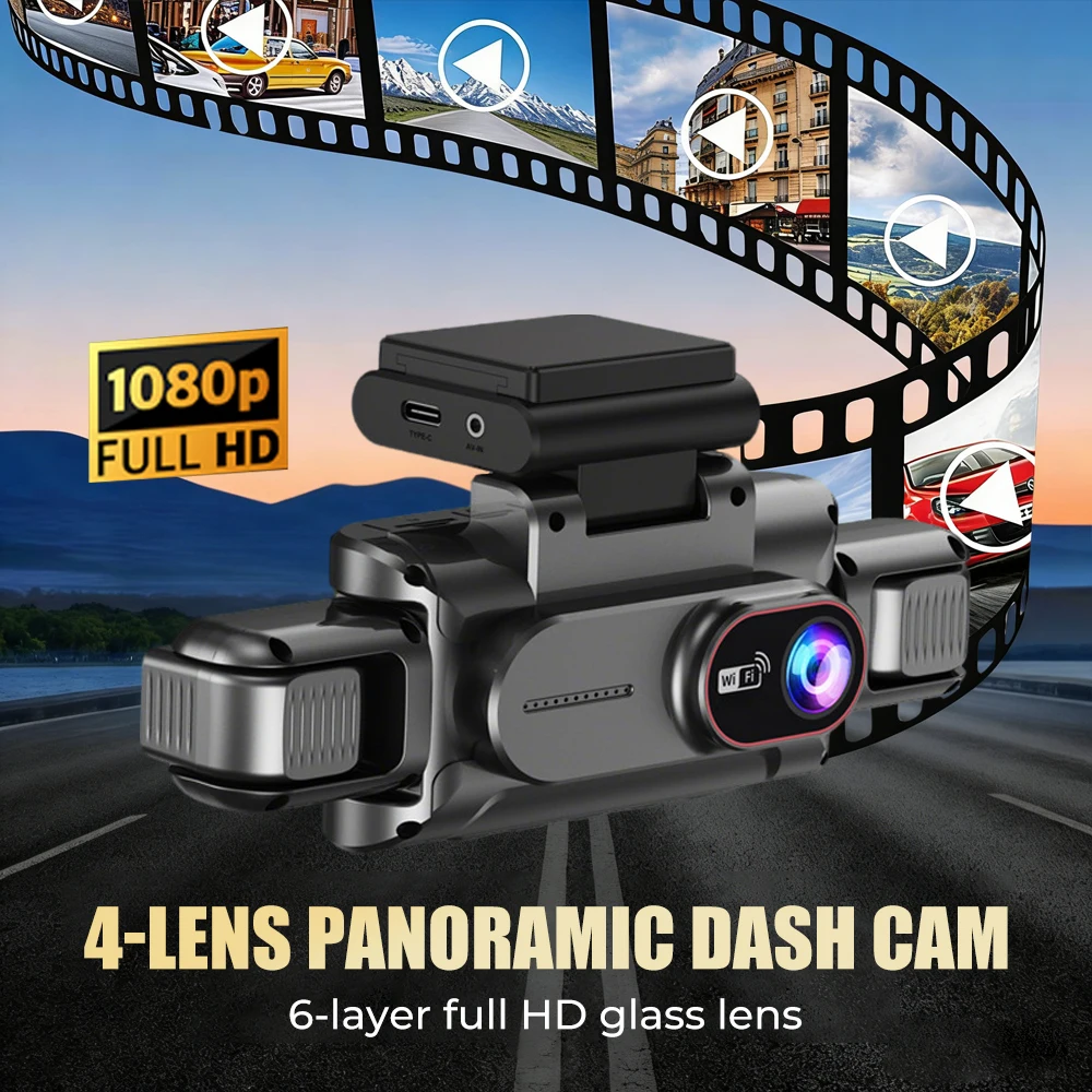 

360 ° Автомобильная камера 1080P, видеорегистратор, 4 объектива, WIFI, видеорегистратор для автомобиля, черный ящик, ночное видение, 24 часа, парковочный монитор, автомобильная сборка