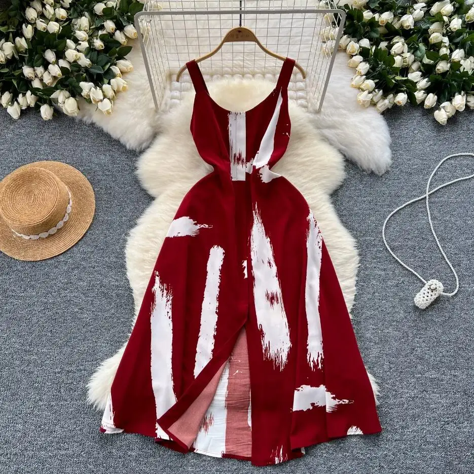 Boho Vintage Chic Frauen Sommer Blumendruck langes Kleid sexy Spaghettiträger Split Kleider elegante Tunika Strandurlaub Vestidos