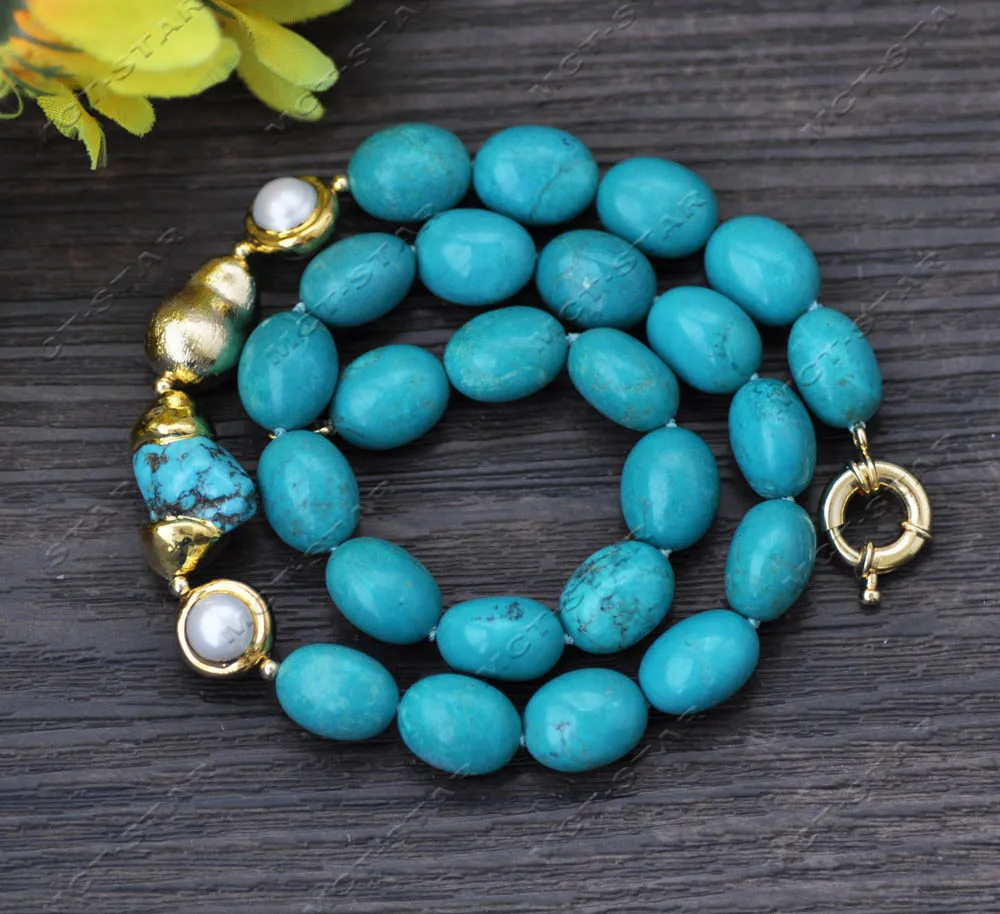 

Z13260 19" 15mm Blue Egg Turquoise Gold-plated White Pearl Calabash Necklace Custom Jewelry
