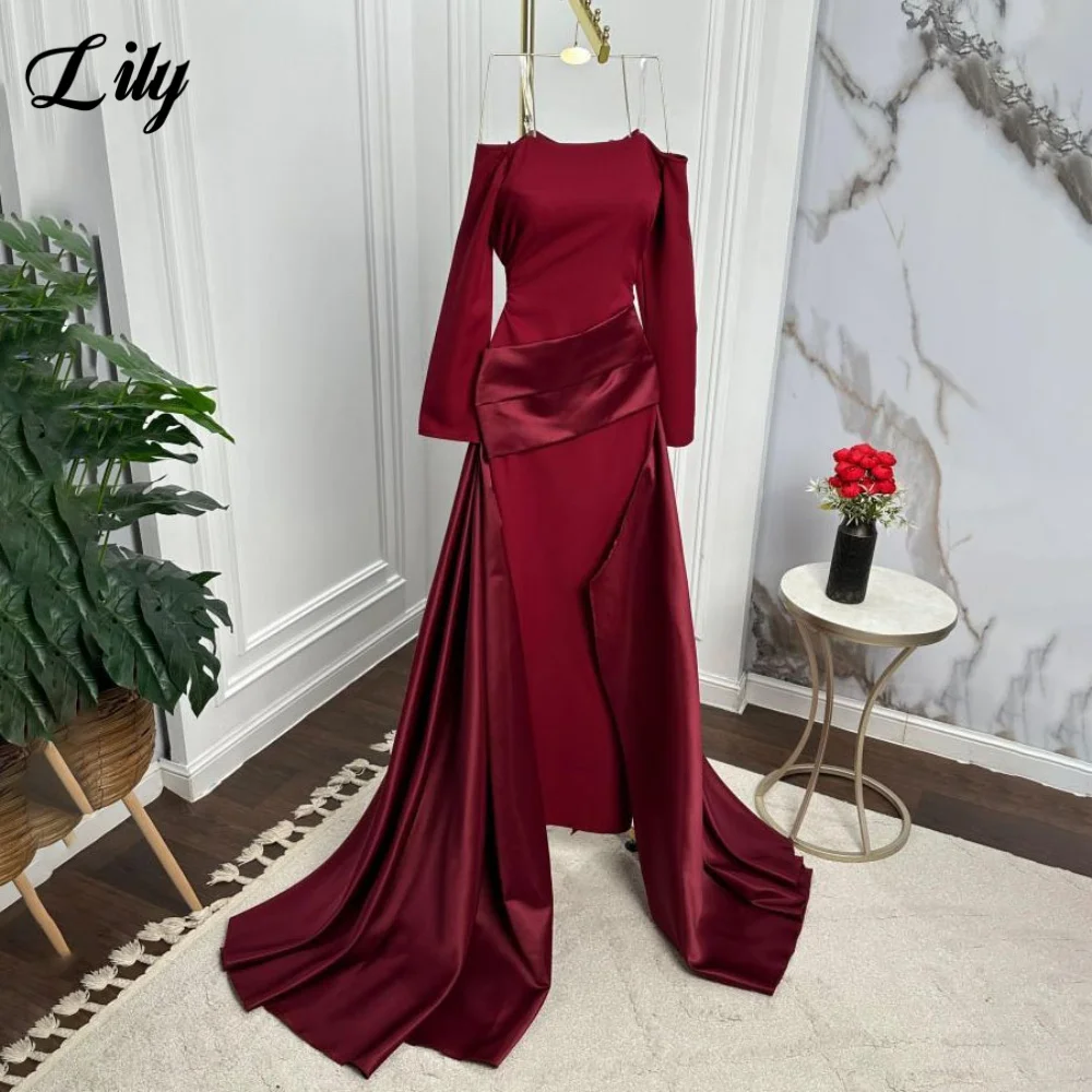 

Lily Burgundy Party Dress Off Shoulder Evening Dress Full Sleeves فساتين السهرة with Pleats Embellishments Customize