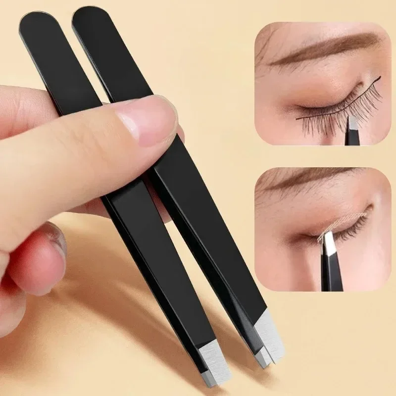 เครื่องมือสแตนเลสสำหรับแหนบตัดขนตาและกำจัดขนคุด แหนบคิ้วสีดำเหล็ก ปลายเฉียงและปลายแบน สำหรับความงาม