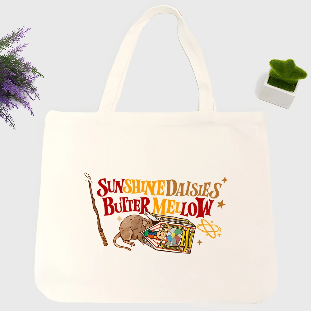 Women's canvas tote bag with mouse and magical elements print, vintage style for daily shopping and casual outings