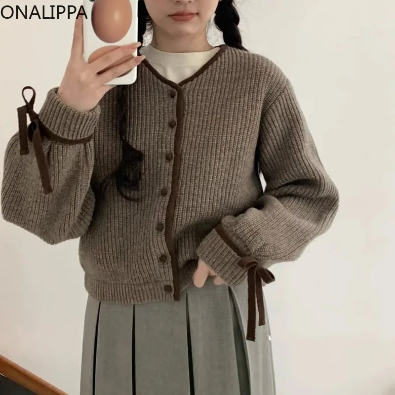 Onalippa Sweet Contrast Bows Cropped Cardigan Lace Up Patchwork V Neck Knitted Cardigans Korean Chic Single Breasted Sweater