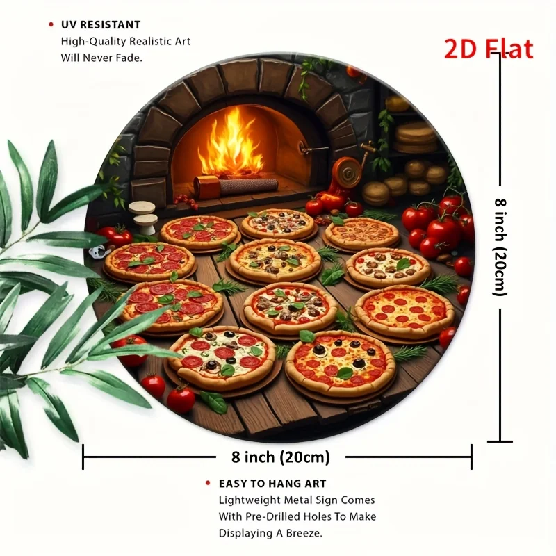 2D Flat,  Pizza Theme Aluminum Wall Sign - Featuring Authentic Food Art Style Rural Metal Decoration, It Is Highly Suitable for