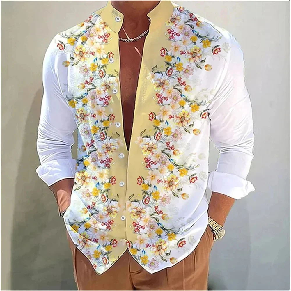 

Men's Stand Up Collar Shirt, 3D Digital Printed Flower Pattern, Long Sleeve Button Top, Comfortable and Soft, Spring, Summer