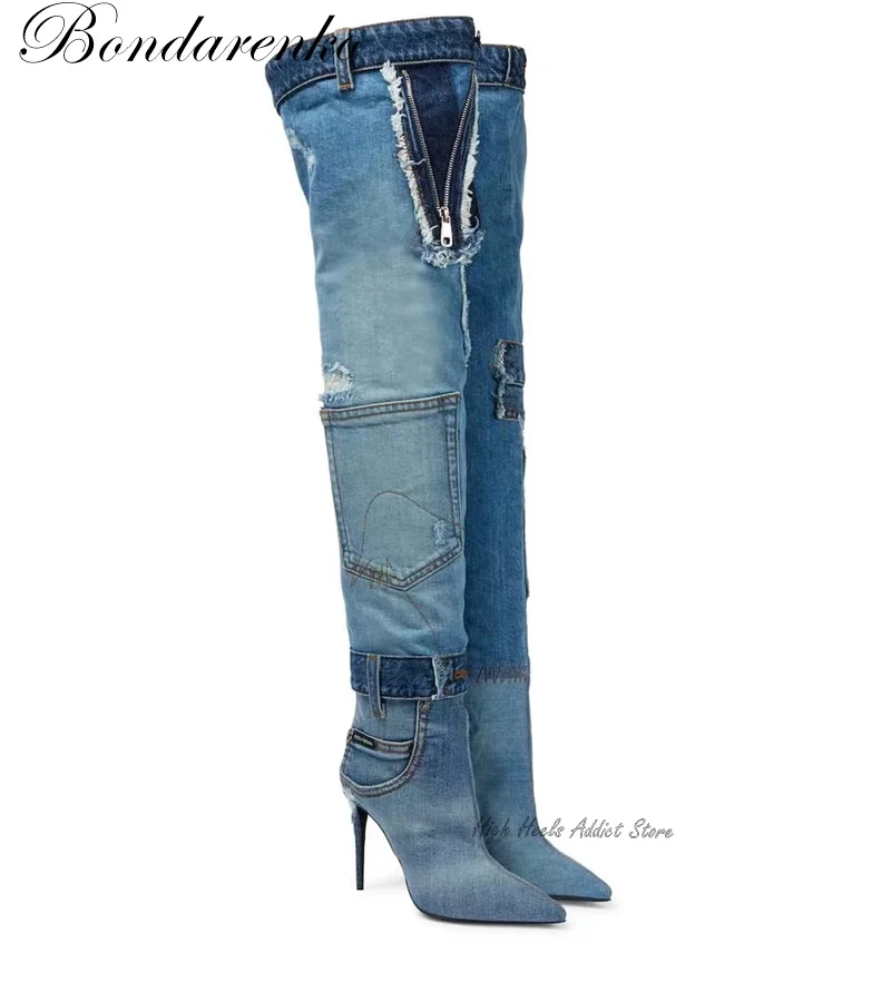 Denim Patchwork over Knee Boots Blue Black Pointed Toe Stilettos High Heels Tall Boot Women Luxury Designer Shoes Free Ship