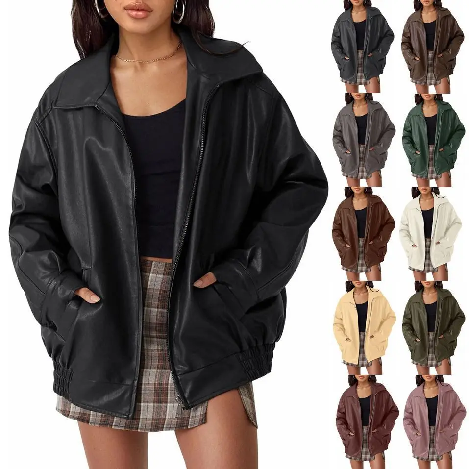 New Womens Oversized Faux Leather Jacket Lapel Collar Zip Up Bomber Jacket with Pockets Casual Fall Outwear for Women