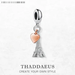Real 925 Sterling Silver EIFFEL TOWER With Heart Charms Beads Pendant Women Jewelry Gift