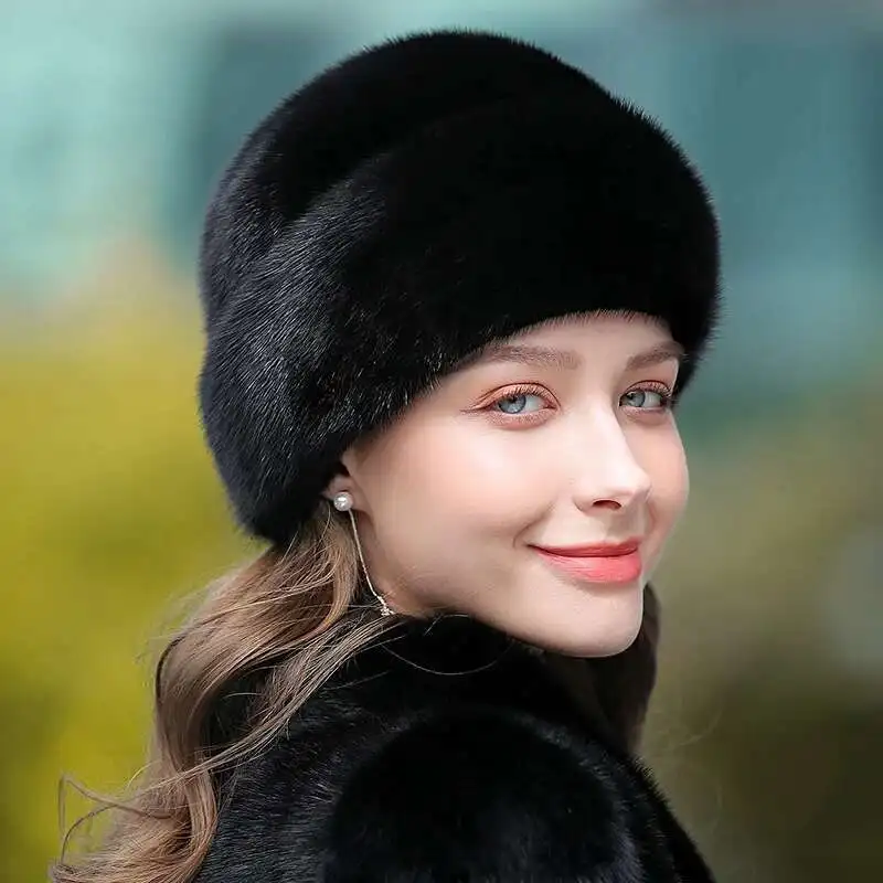 Real Mink Fur Hat For Women Winter Full Leather Mink Fur Gift Hat Fashion Natural Fur Caps Female Thickened Ear Protection Hat