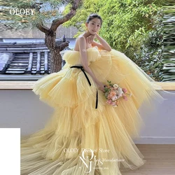 OLOEY 2023 Korea Yellow Long Prom Dresses For Wedding Engagement Strapless Tulle Tiered Ruffles Customised Bride Garden Gowns